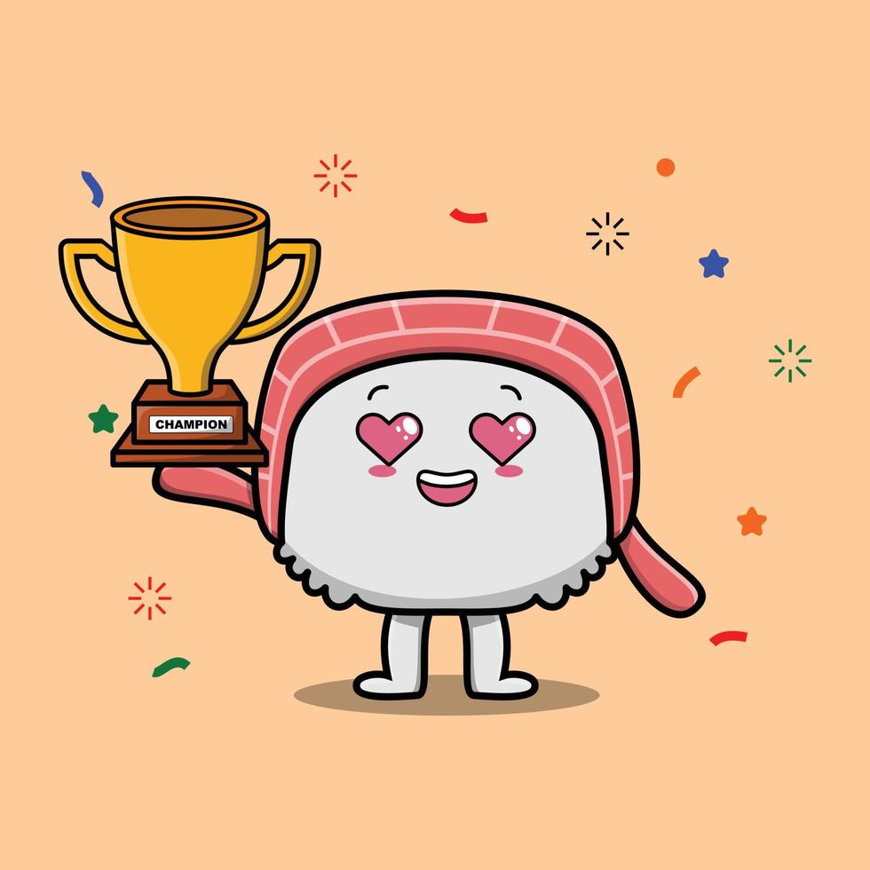 lindo sushi de dibujos animados como el ganador con expresión feliz en un diseño de estilo plano y moderno vector