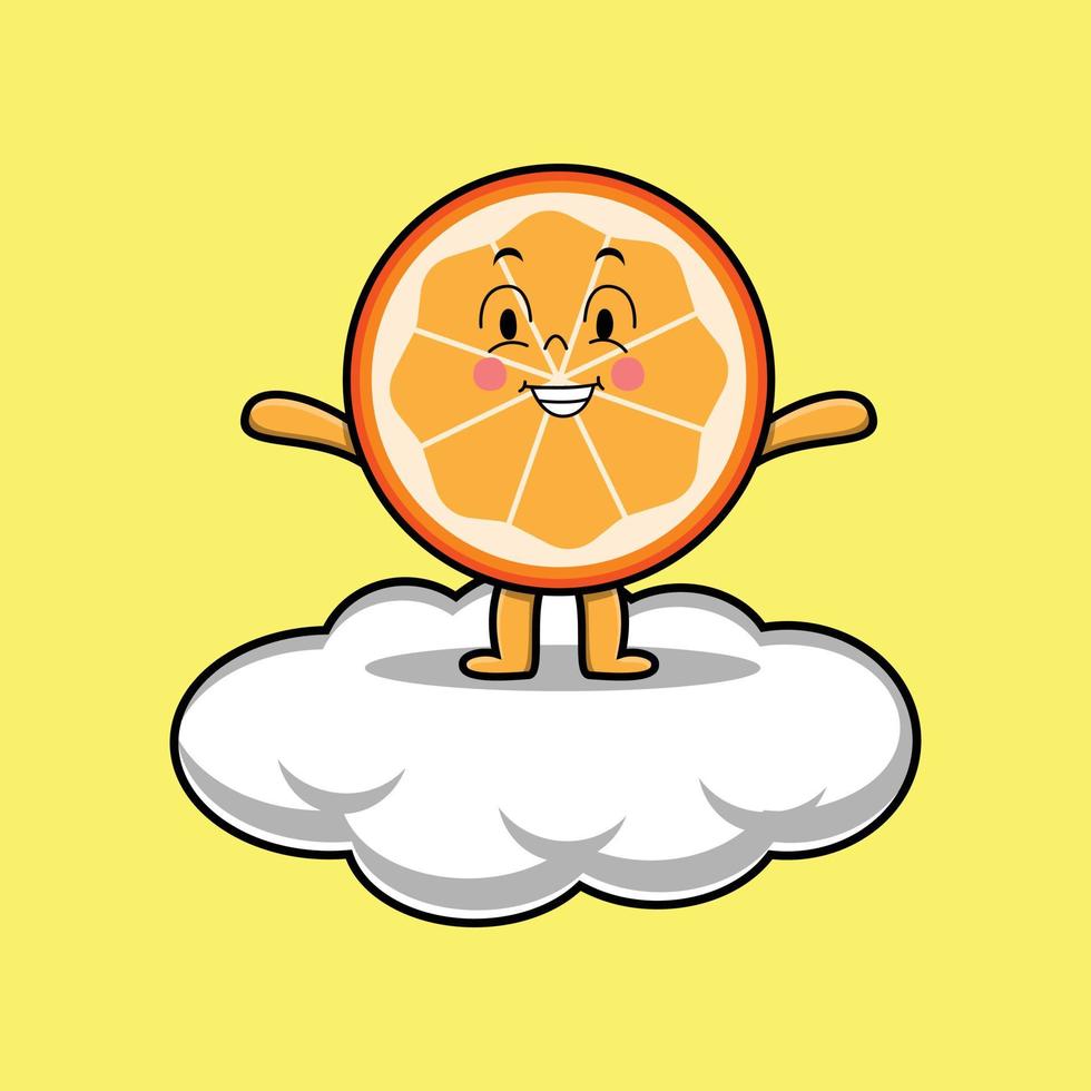 Linda fruta naranja de dibujos animados de pie en la nube vector