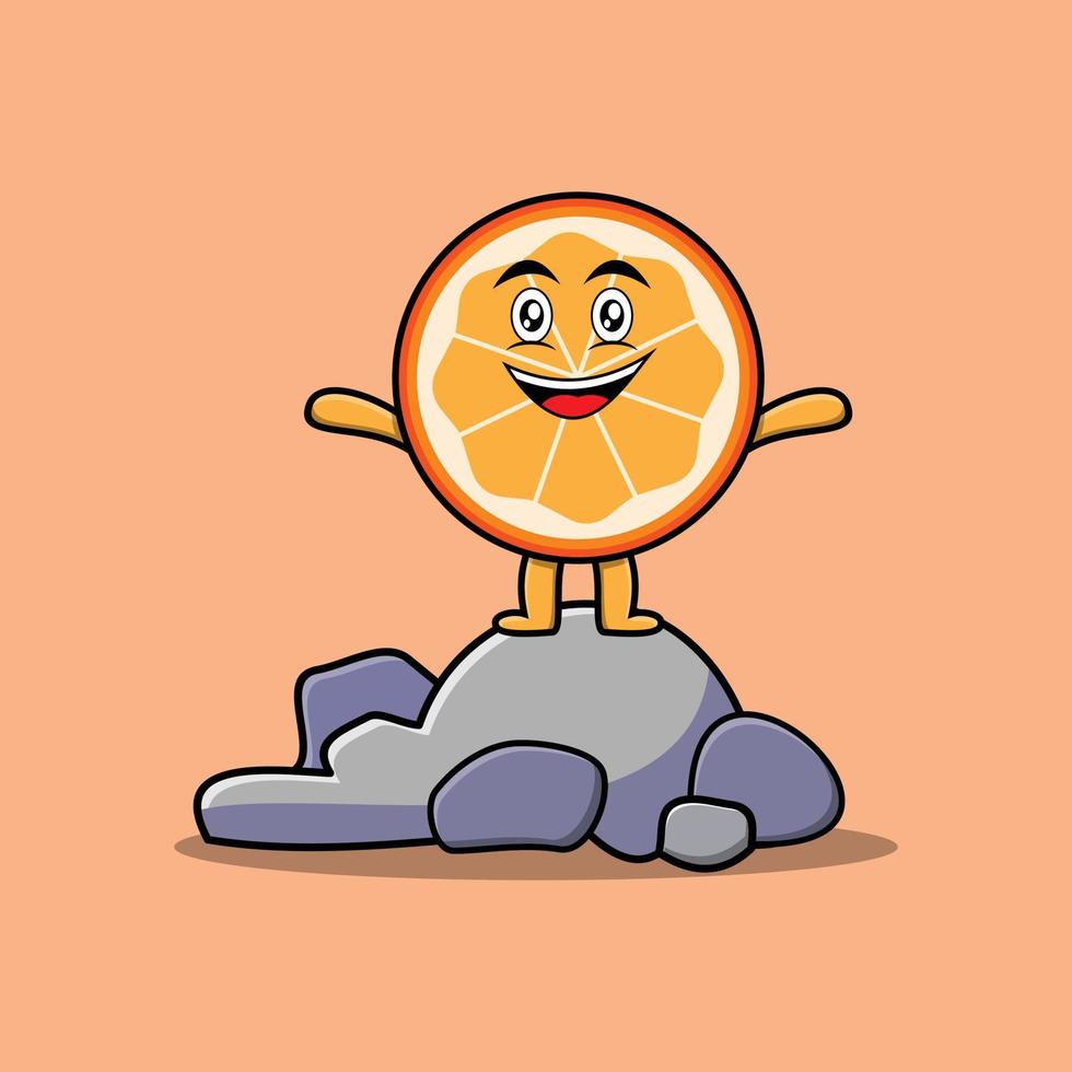 Linda fruta naranja de dibujos animados de pie en piedra vector