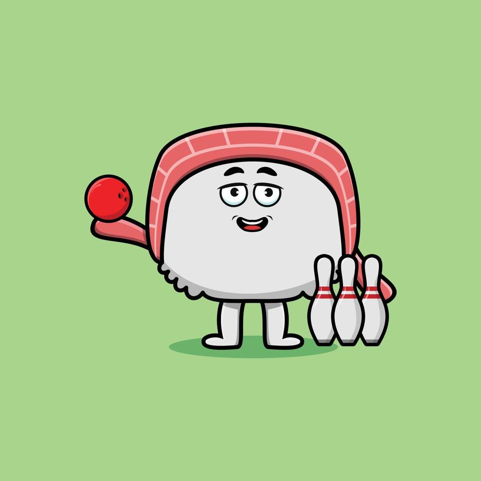 Cute cartoon sushi character playing bowling vector