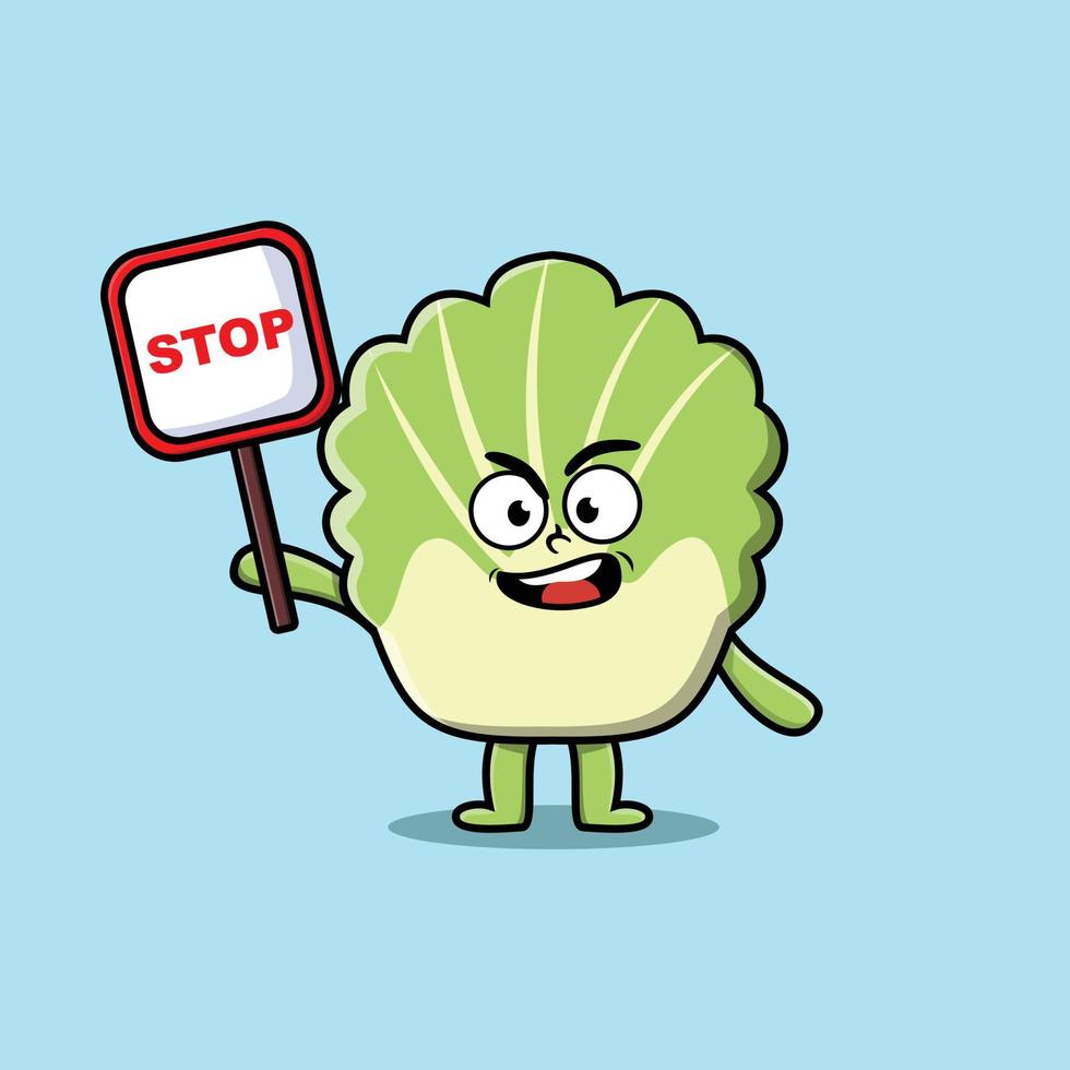 Cute Cartoon chinese cabbage with stop sign board vector