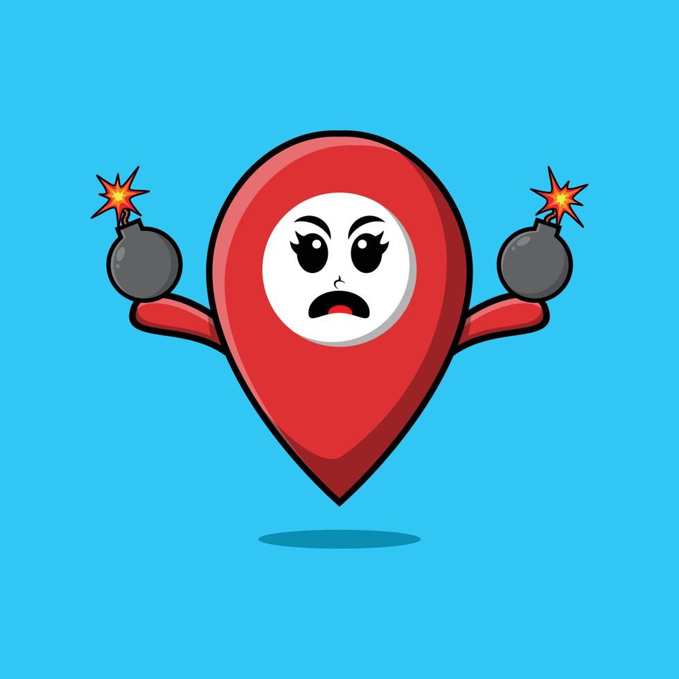 Cute cartoon pin location holding bomb vector