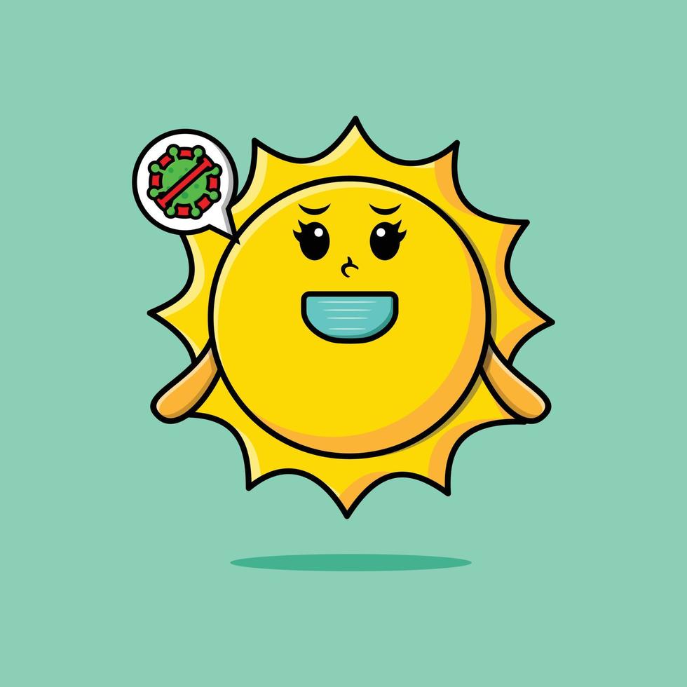 lindo sol de dibujos animados usando máscara para prevenir virus vector