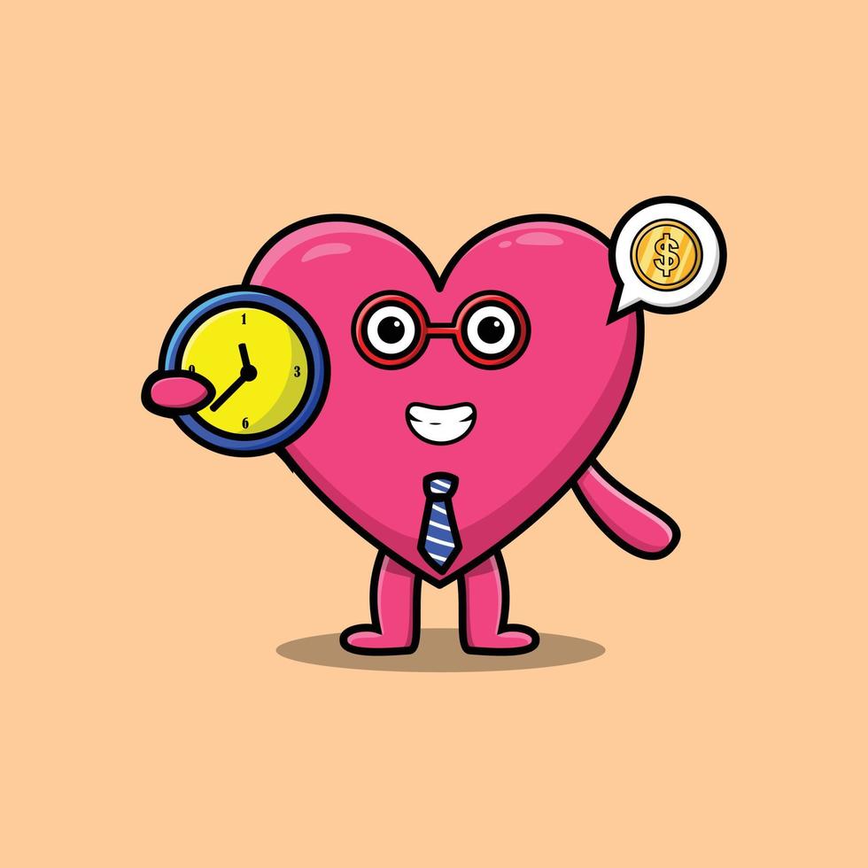 lindo personaje de corazón encantador de dibujos animados con reloj vector