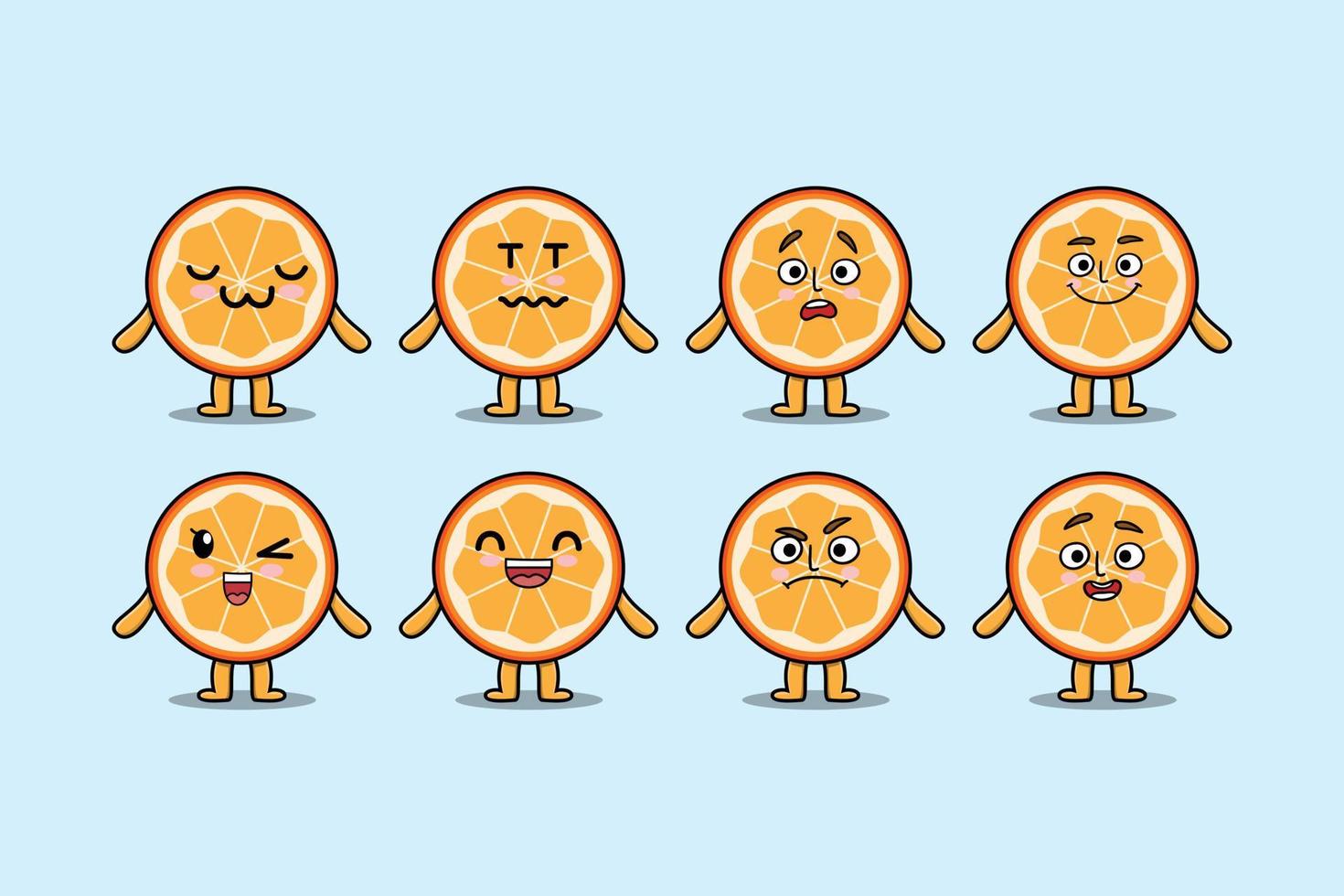 Establecer dibujos animados de fruta naranja kawaii con expresiones vector