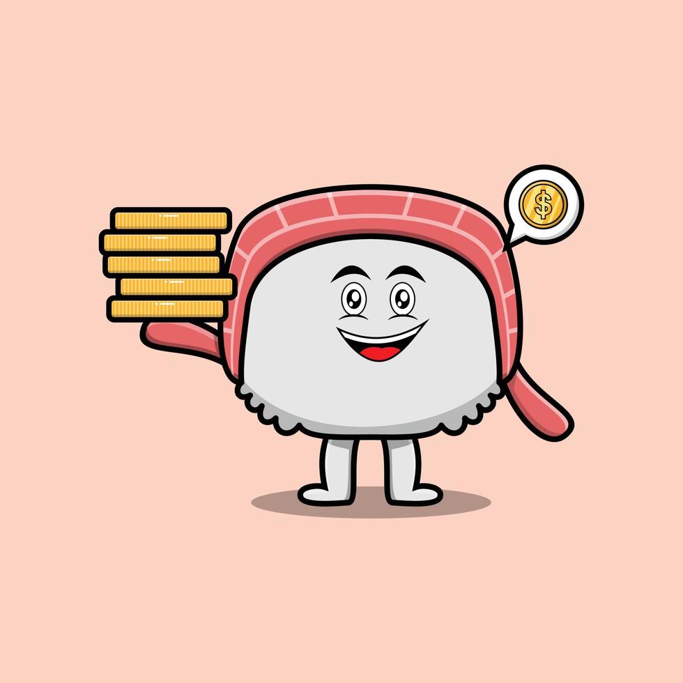 Cute cartoon sushi holding in stacked gold coin vector