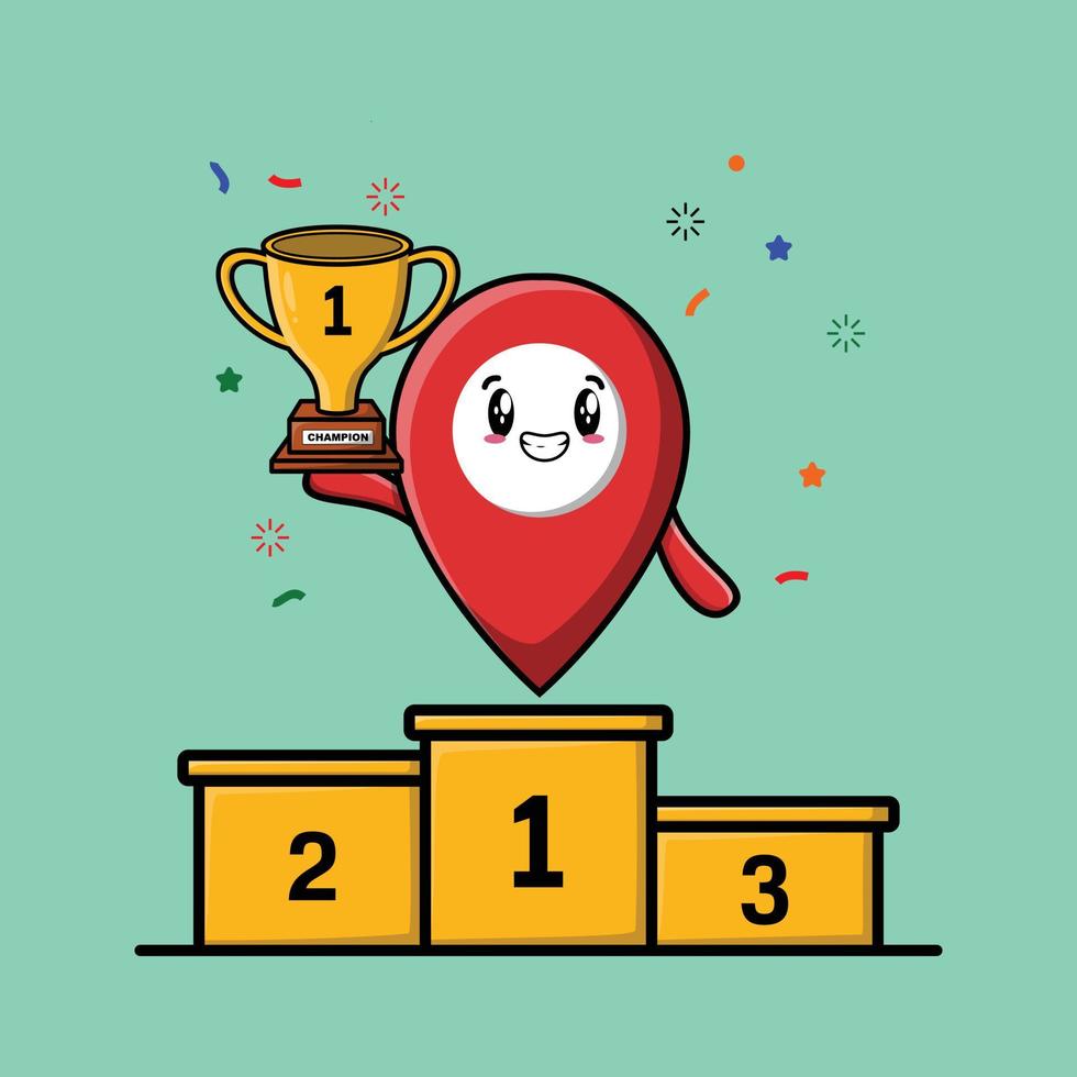 Cute cartoon pin location as the winner with happy expression in 3d modern style design vector