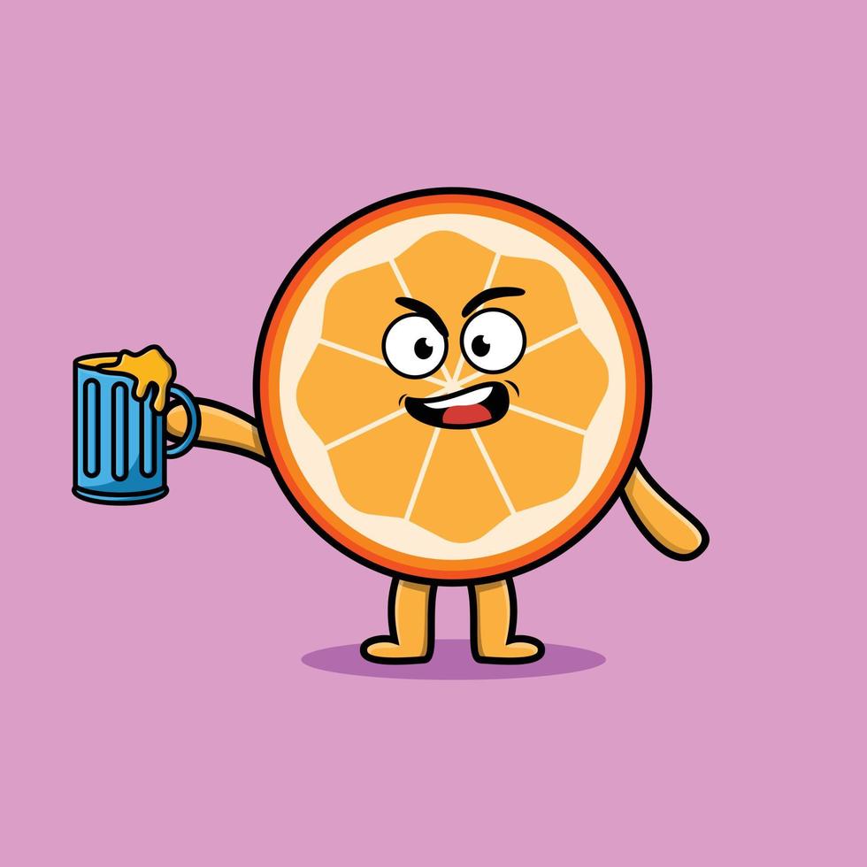 Orange fruit cartoon character with beer glass vector
