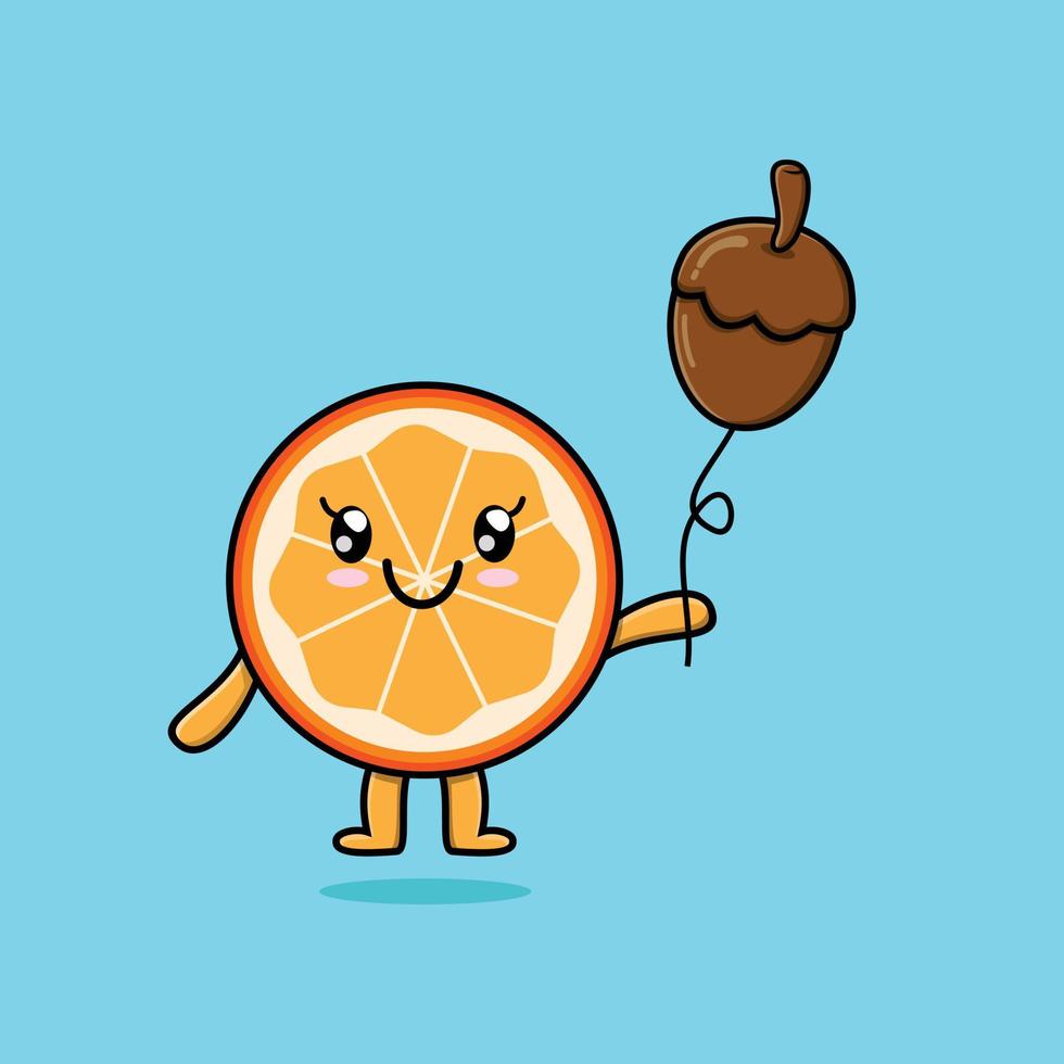 cartoon orange fruit floating with acorn balloon vector