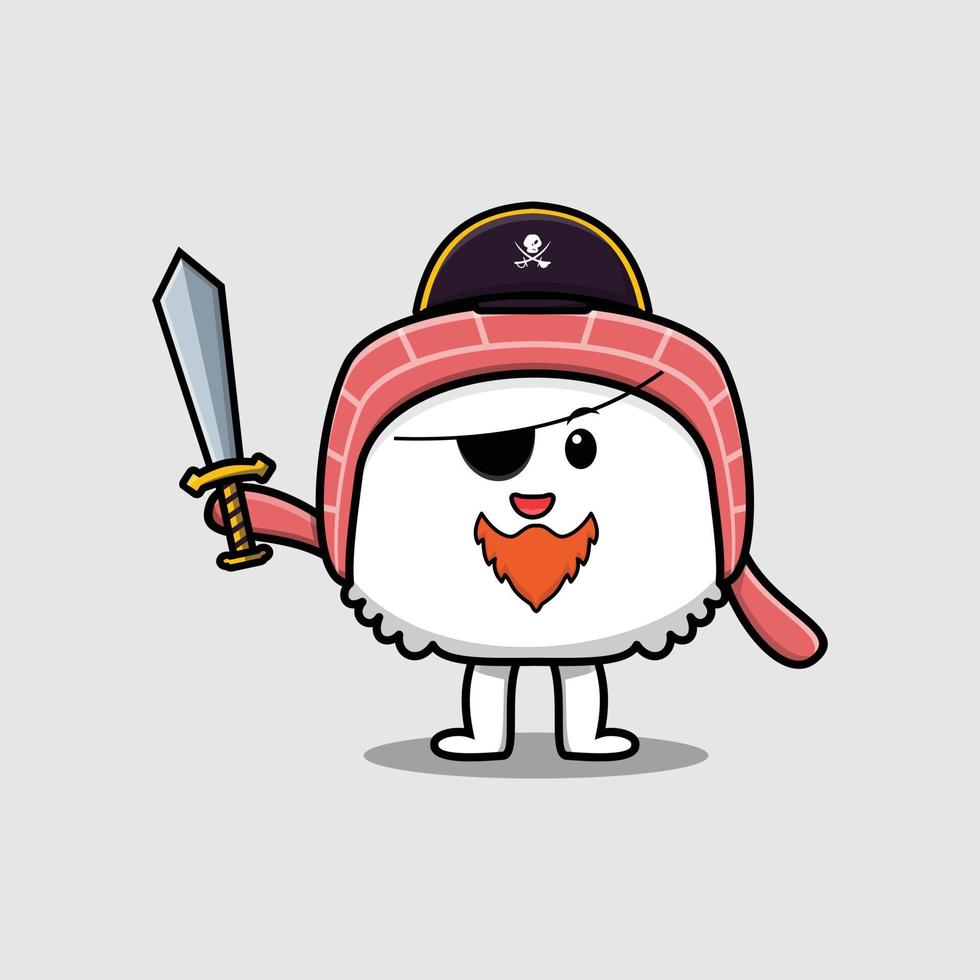 lindo pirata de sushi de dibujos animados con sombrero y espada vector