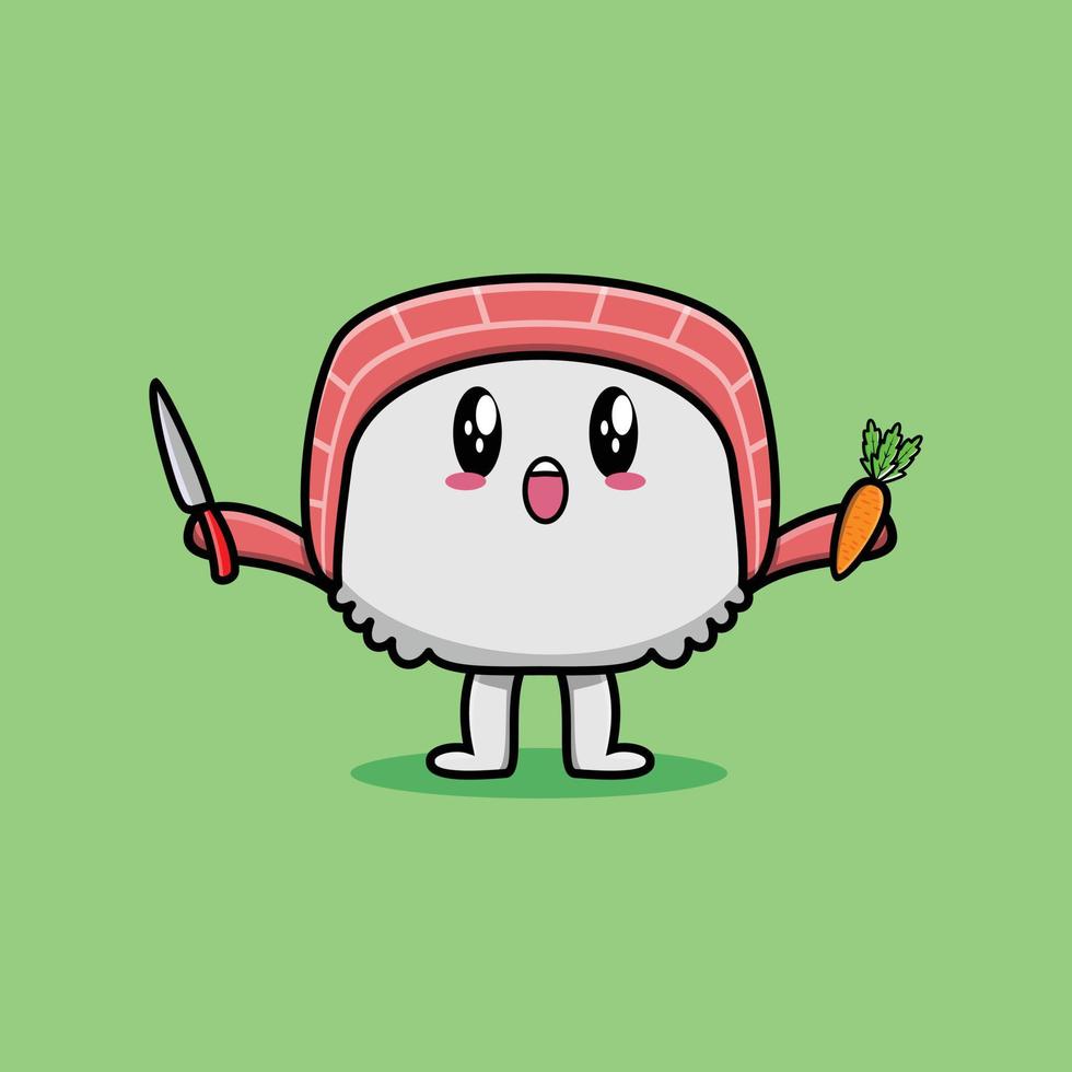 lindo sushi de dibujos animados con cuchillo y zanahoria vector