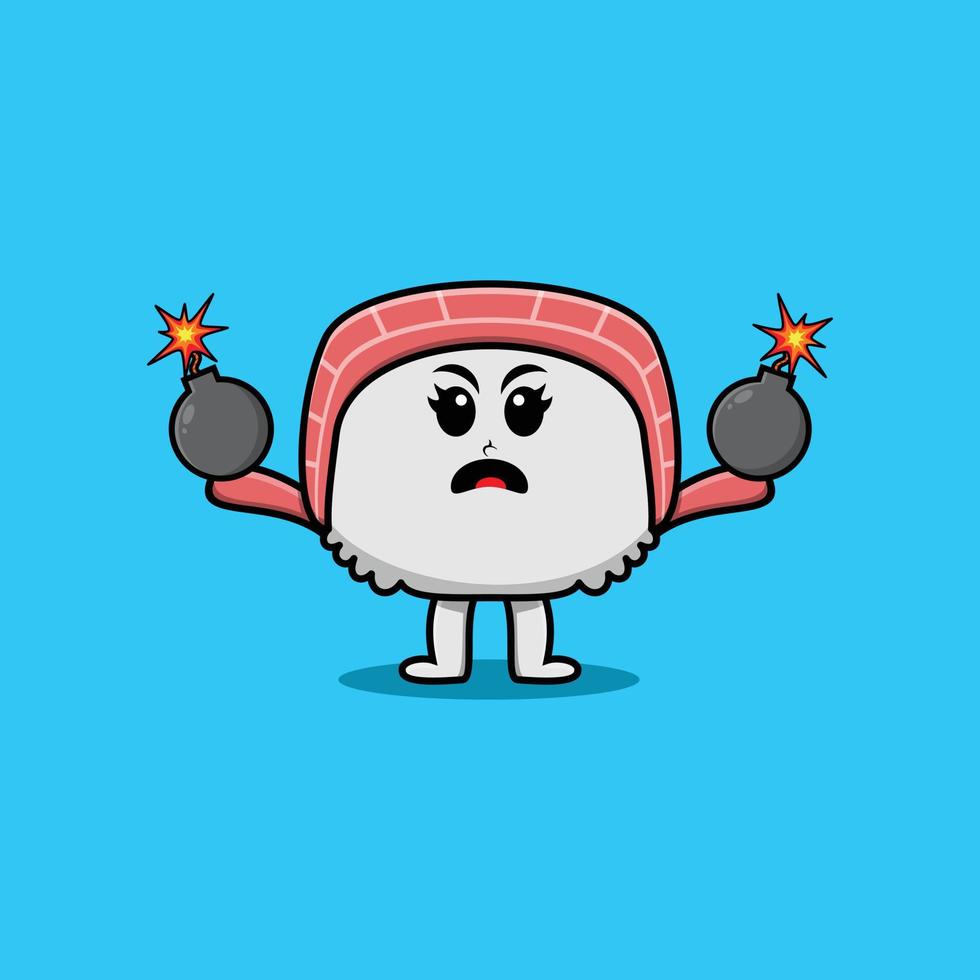 cartoon sushi holding bomb with scared expression vector