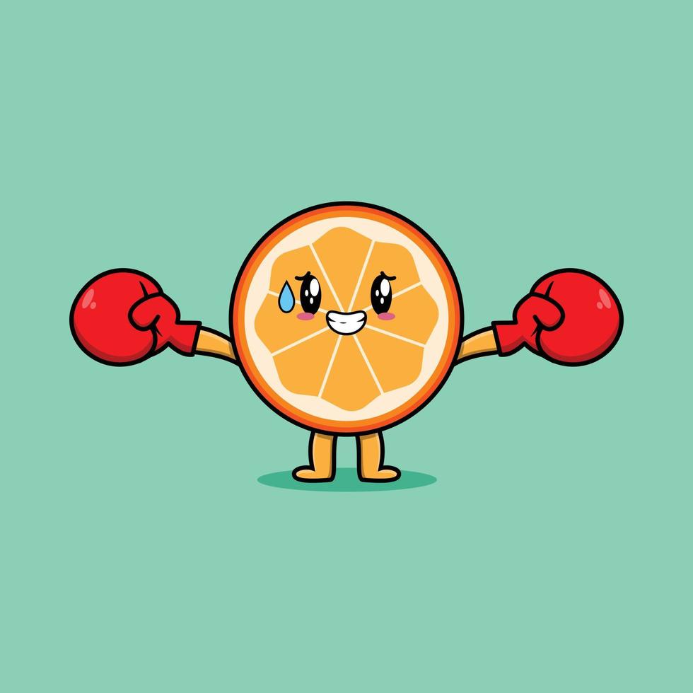linda caricatura de fruta naranja jugando al boxeo vector