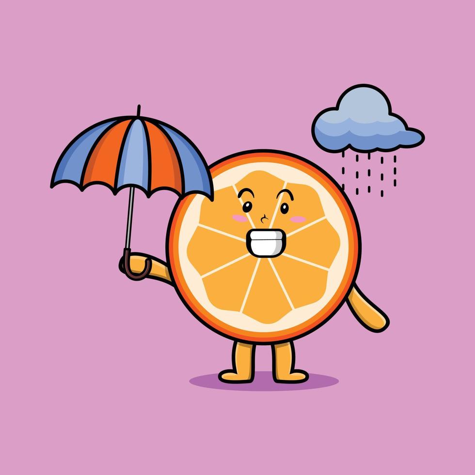 fruta naranja de dibujos animados bajo la lluvia y usando paraguas vector