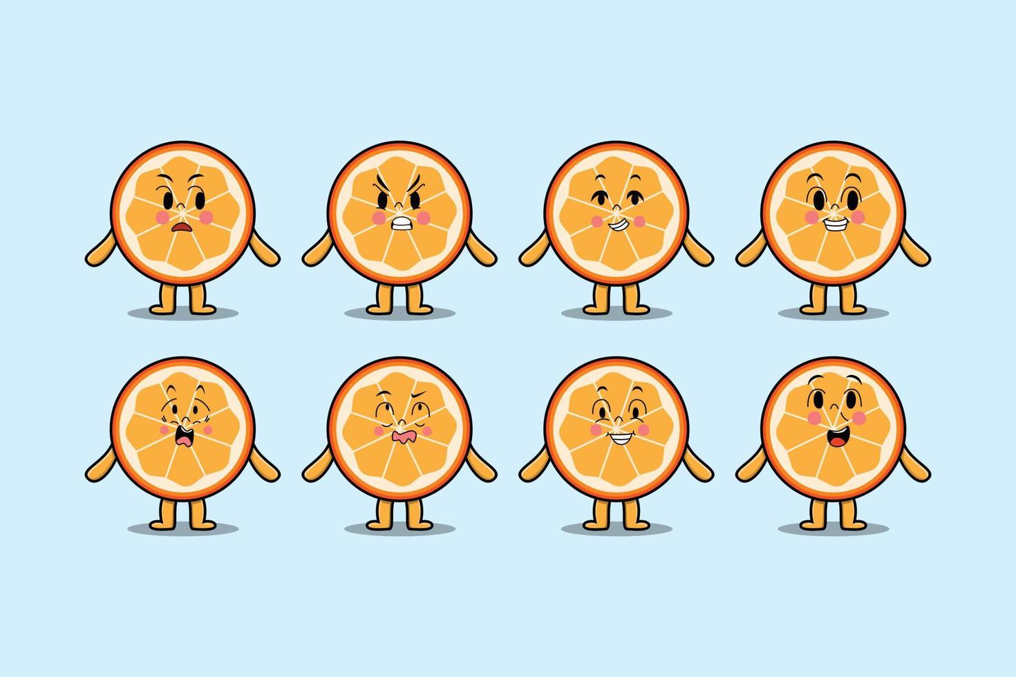 Establecer dibujos animados de fruta naranja kawaii con expresiones vector