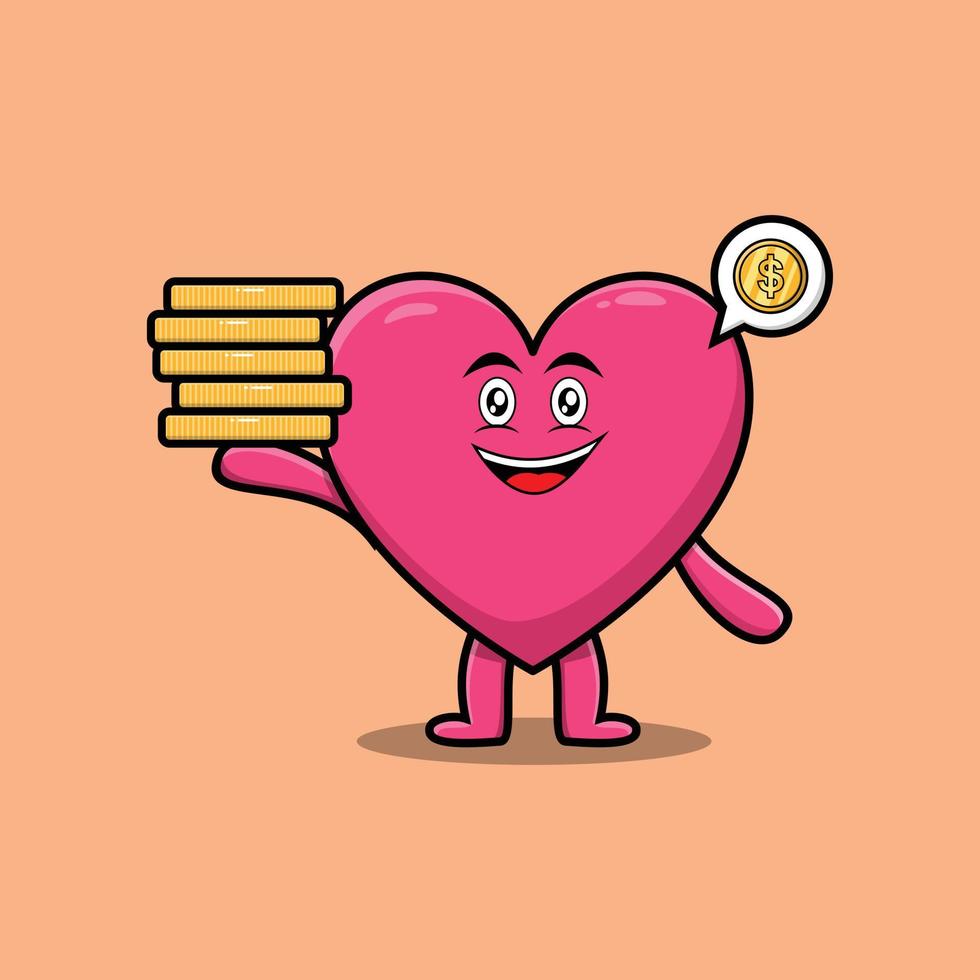 cartoon lovely heart holding in stacked gold coin vector