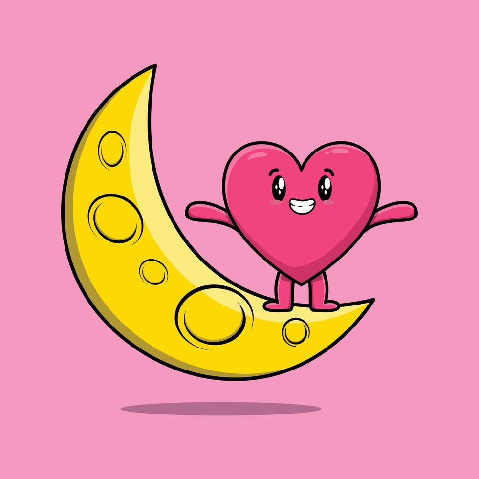 corazón encantador de dibujos animados de pie en la luna creciente vector