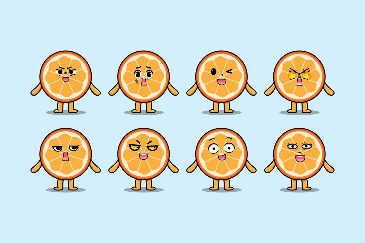 Establecer dibujos animados de fruta naranja kawaii con expresiones vector