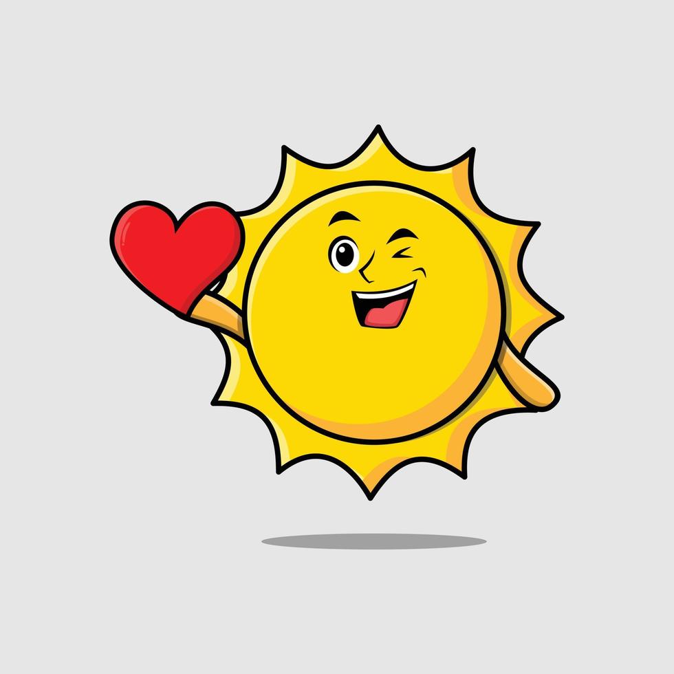 personaje de sol de dibujos animados lindo con gran corazón rojo vector