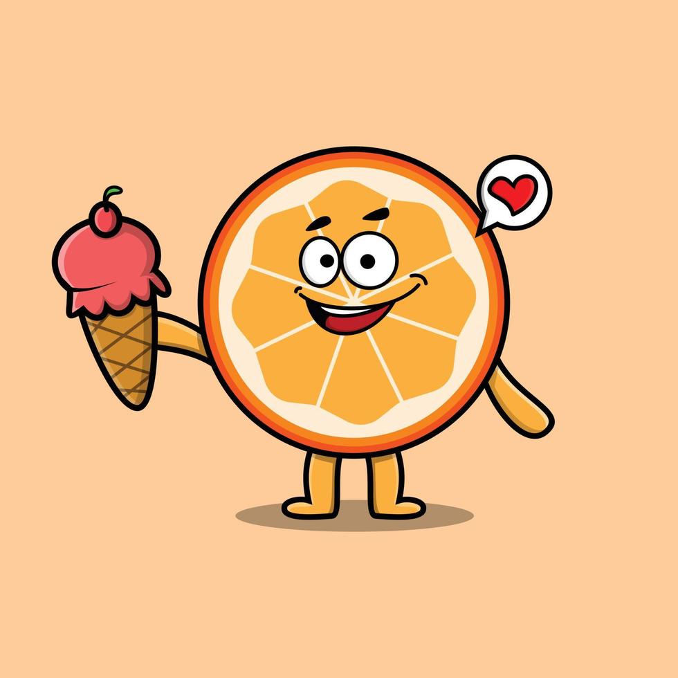 Linda fruta naranja de dibujos animados con cono de helado vector