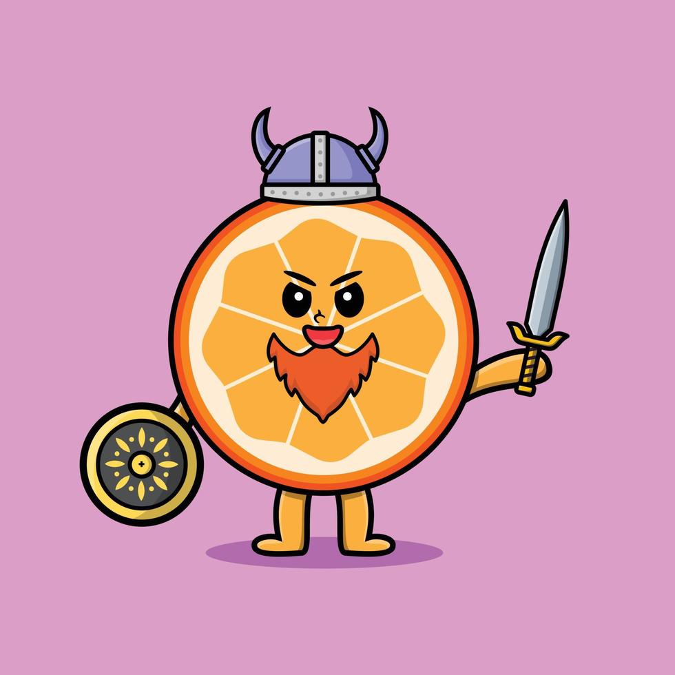 lindo personaje de dibujos animados naranja fruta vikingo pirata vector