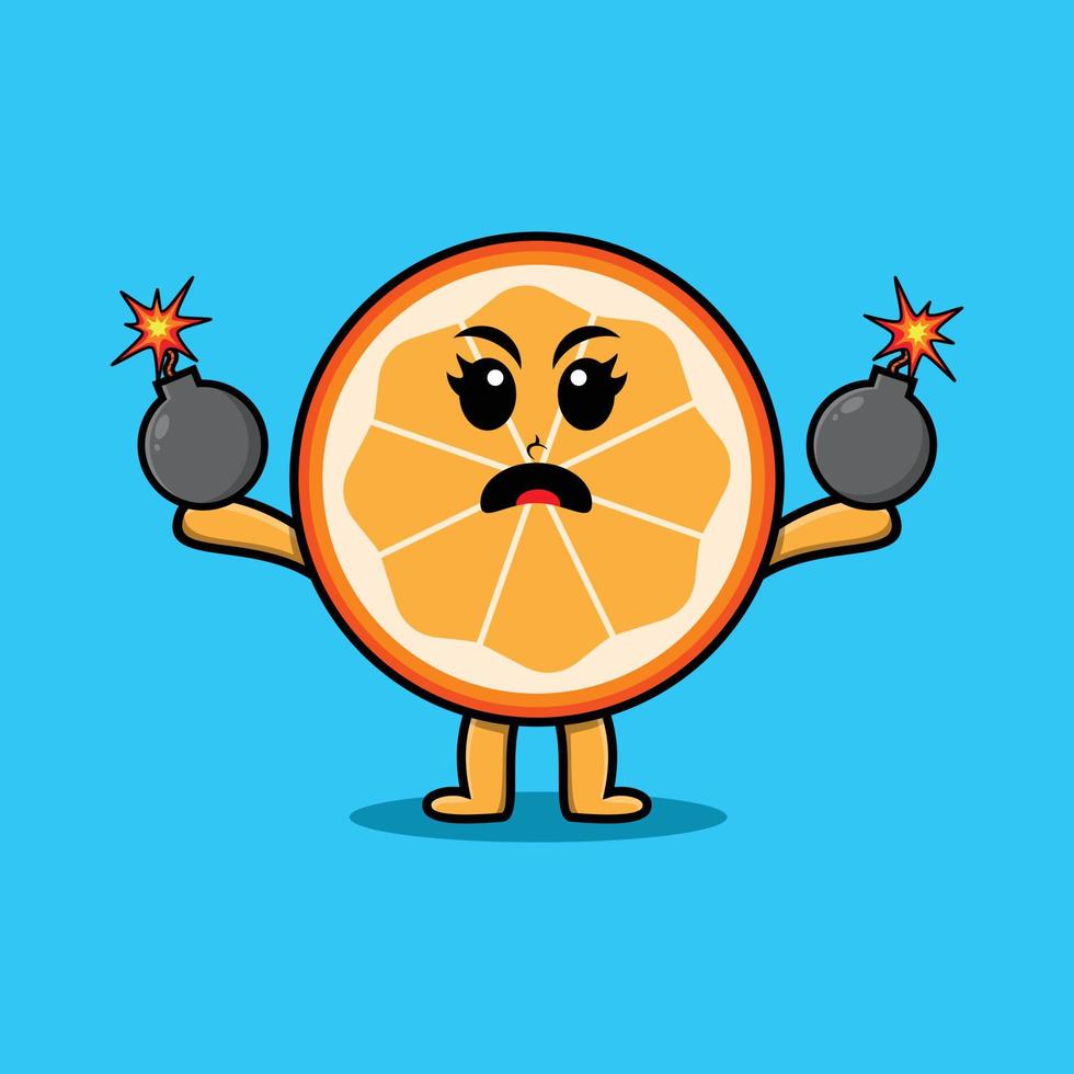 Cute cartoon orange fruit holding bomb vector