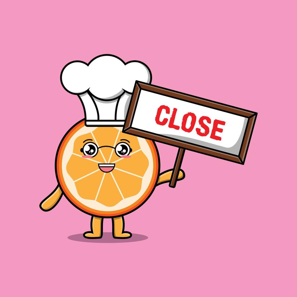 Cute cartoon orange fruit chef holding close sign vector