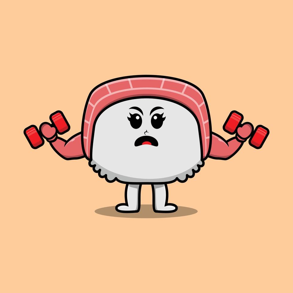 lindo personaje de sushi de dibujos animados fitness con barra vector