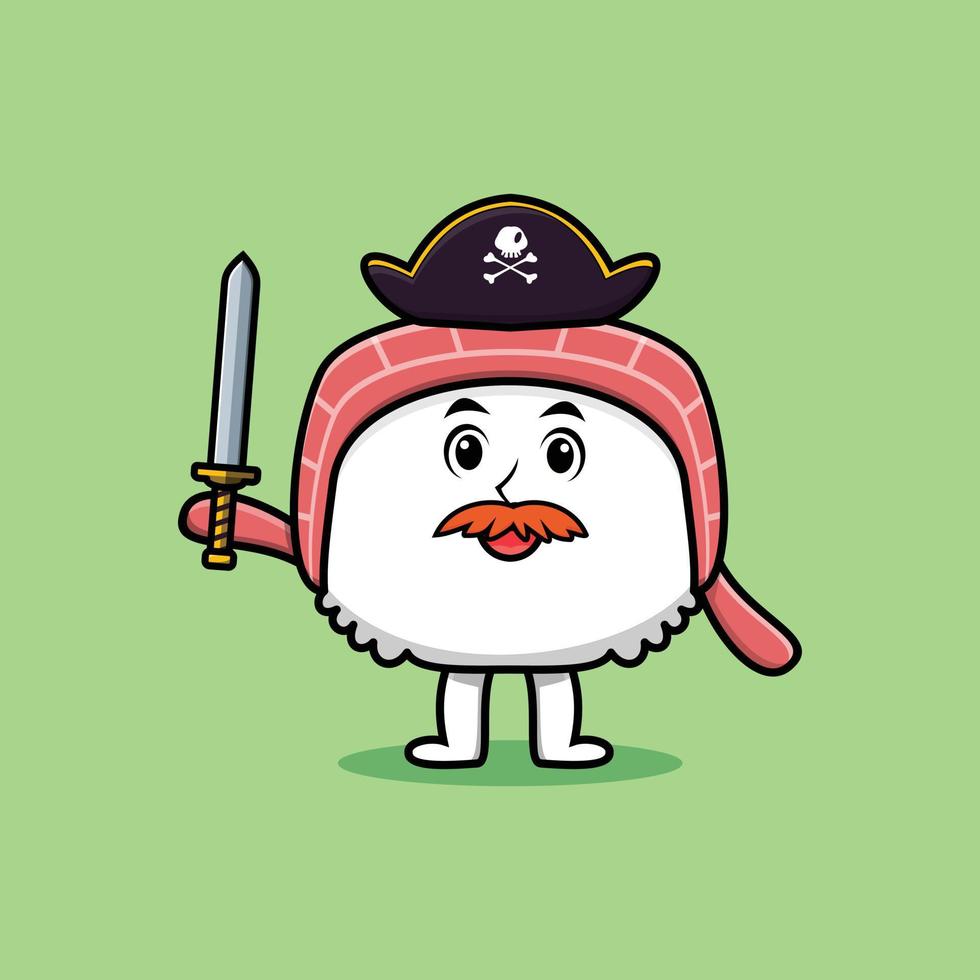 Cute cartoon sushi pirate with hat and hold sword vector