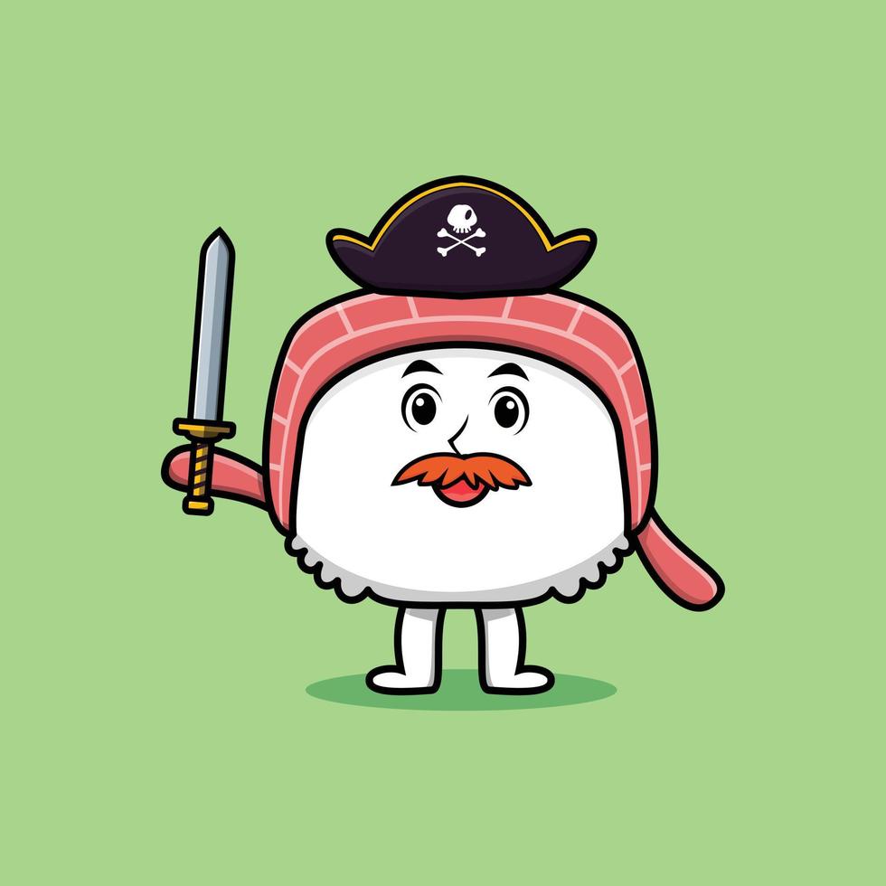 lindo pirata de sushi de dibujos animados con sombrero y espada vector