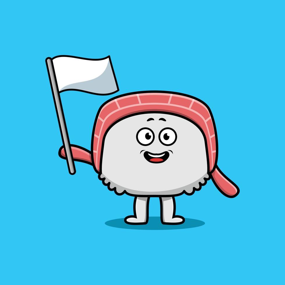 lindo personaje de dibujos animados de sushi con bandera blanca vector