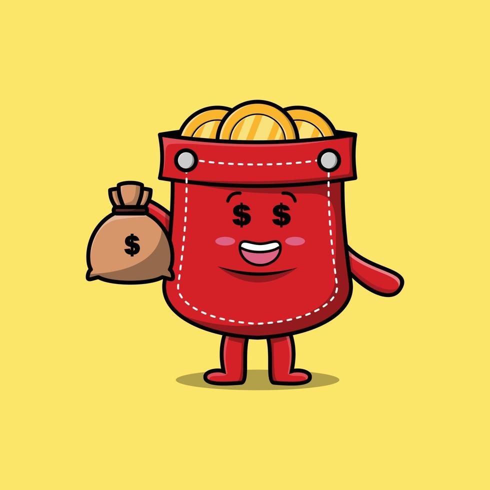 Cute cartoon Crazy rich pocket with money bag vector