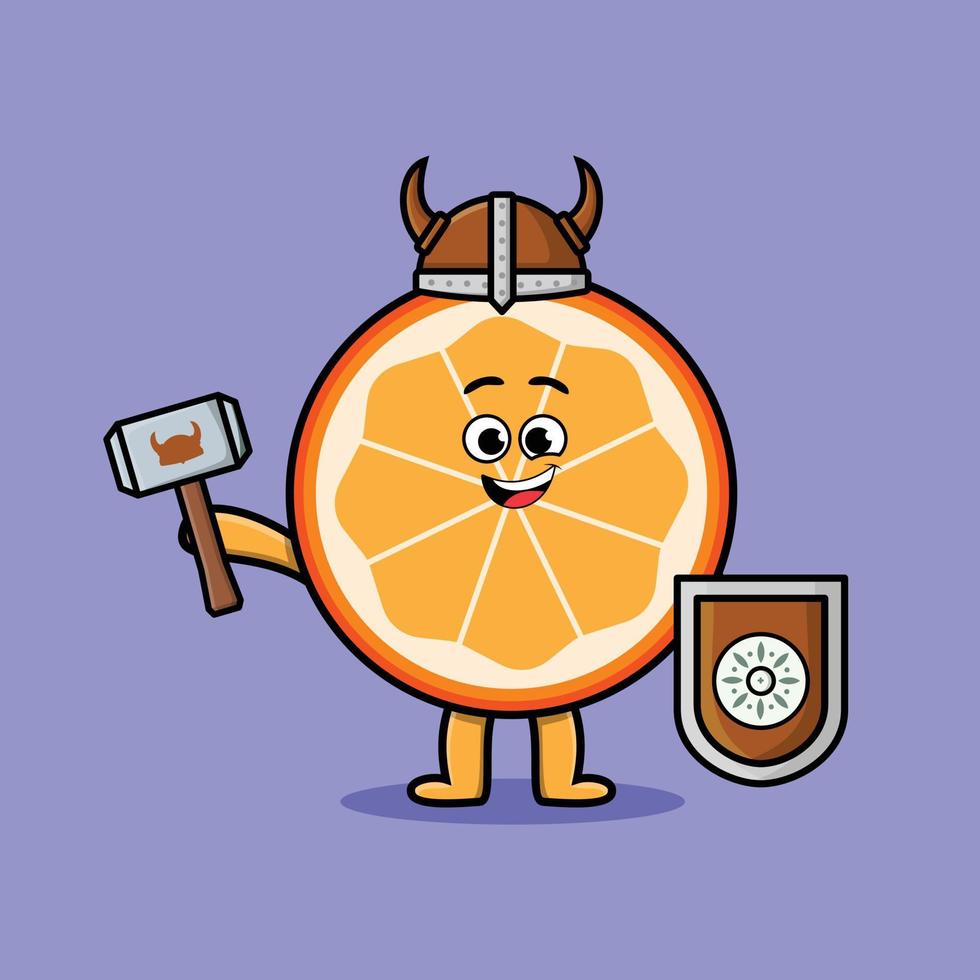 lindo personaje de dibujos animados naranja fruta vikingo pirata vector