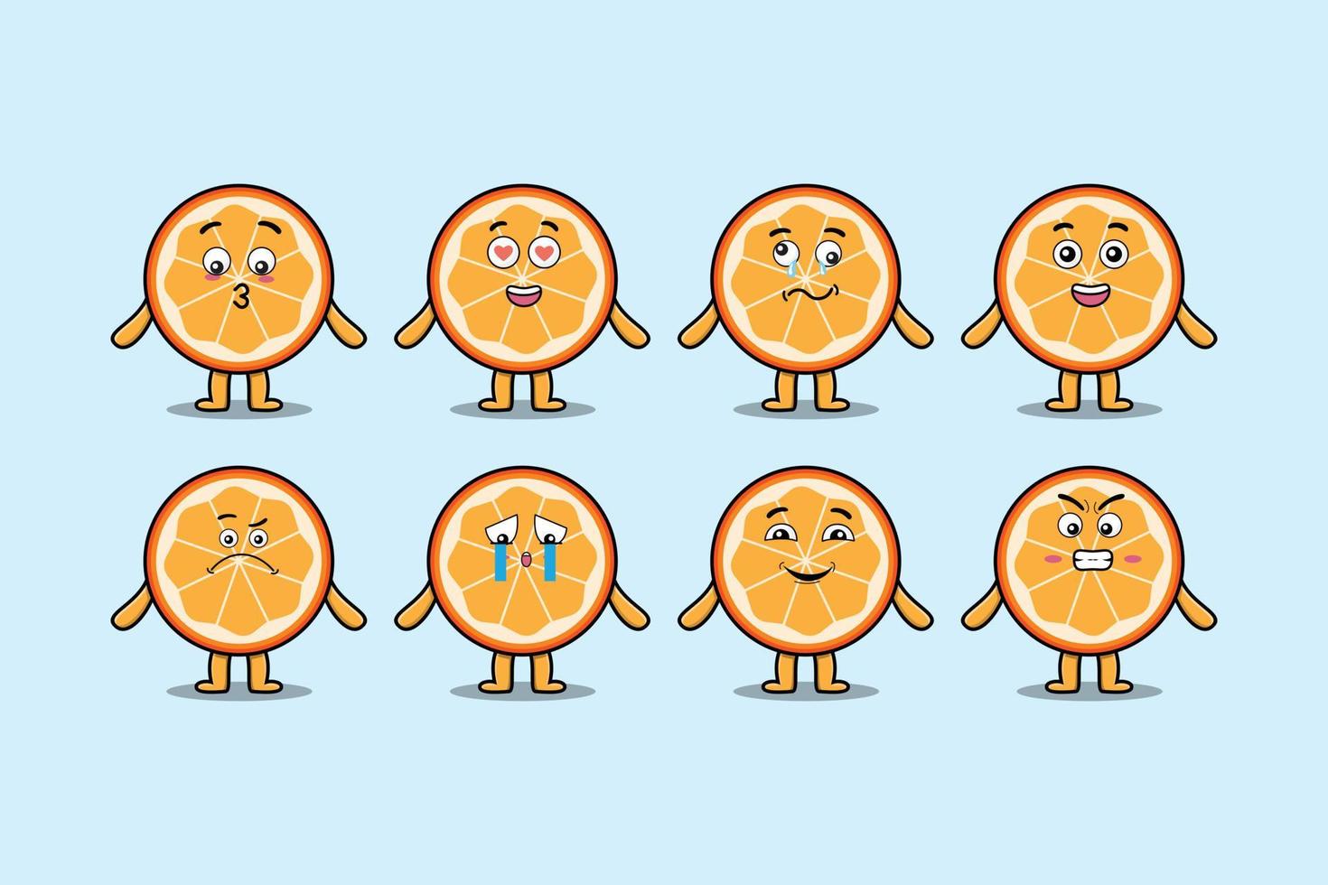 Set kawaii orange fruit cartoon with expressions vector