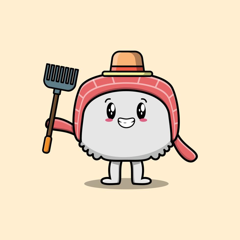cartoon Agricultural worker sushi with pitchfork vector
