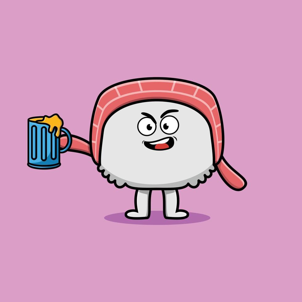 Sushi cartoon mascot character with beer glass vector