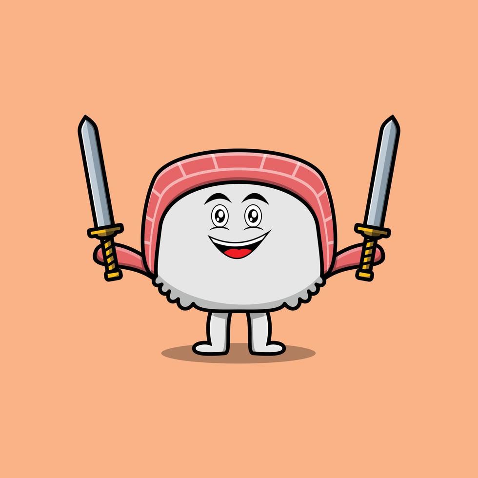 Cute cartoon Sushi character holding two sword vector