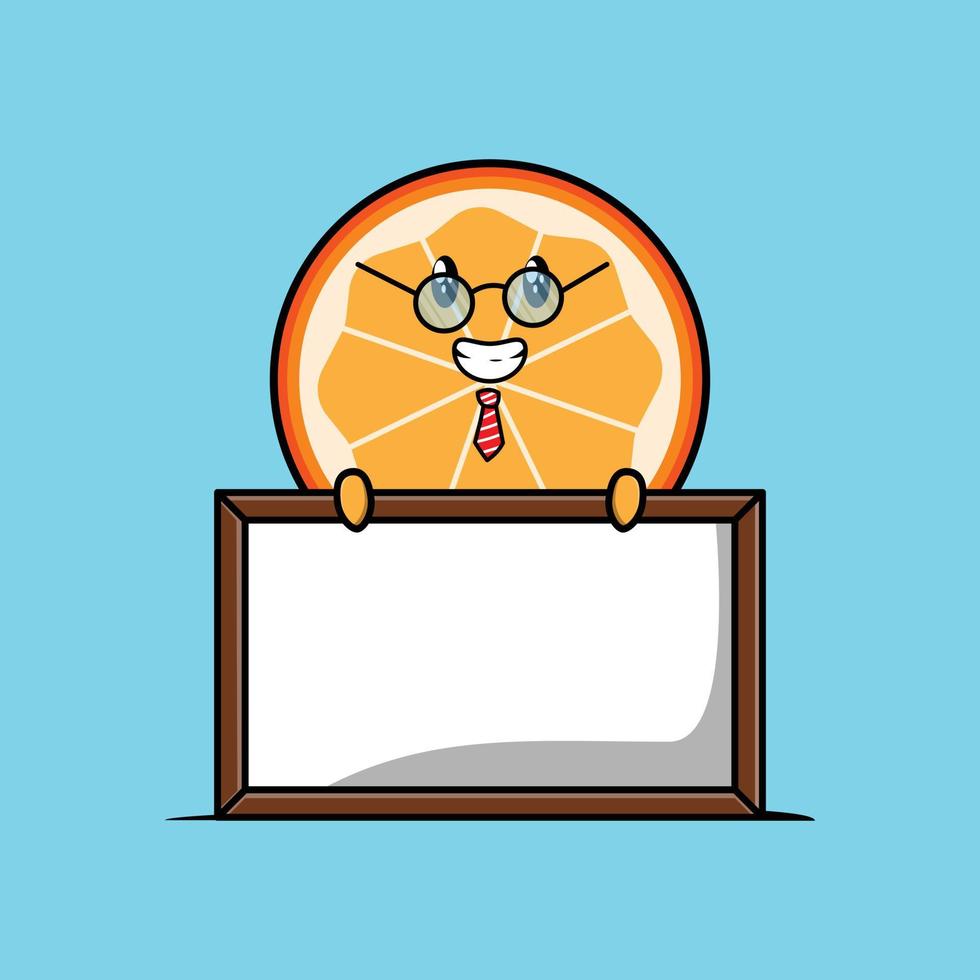 cartoon orange fruit teacher with big whiteboard vector