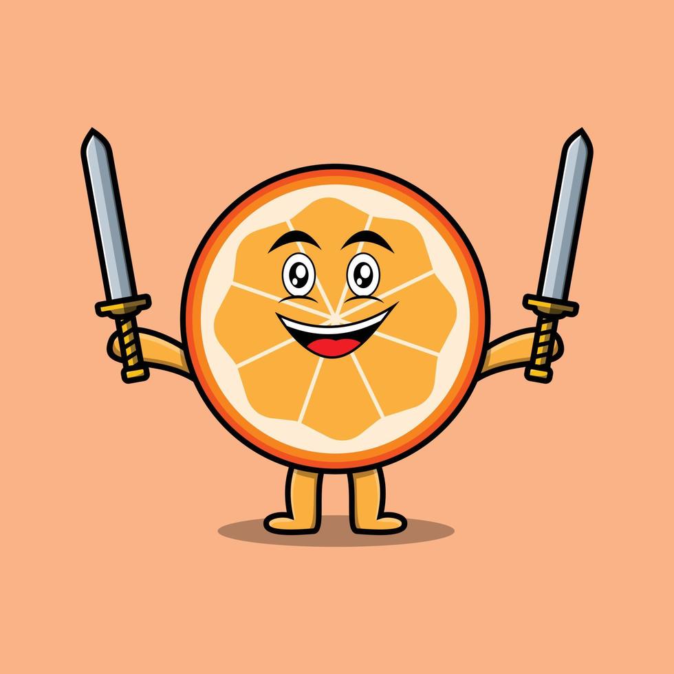 Cute cartoon Orange fruit holding two sword vector