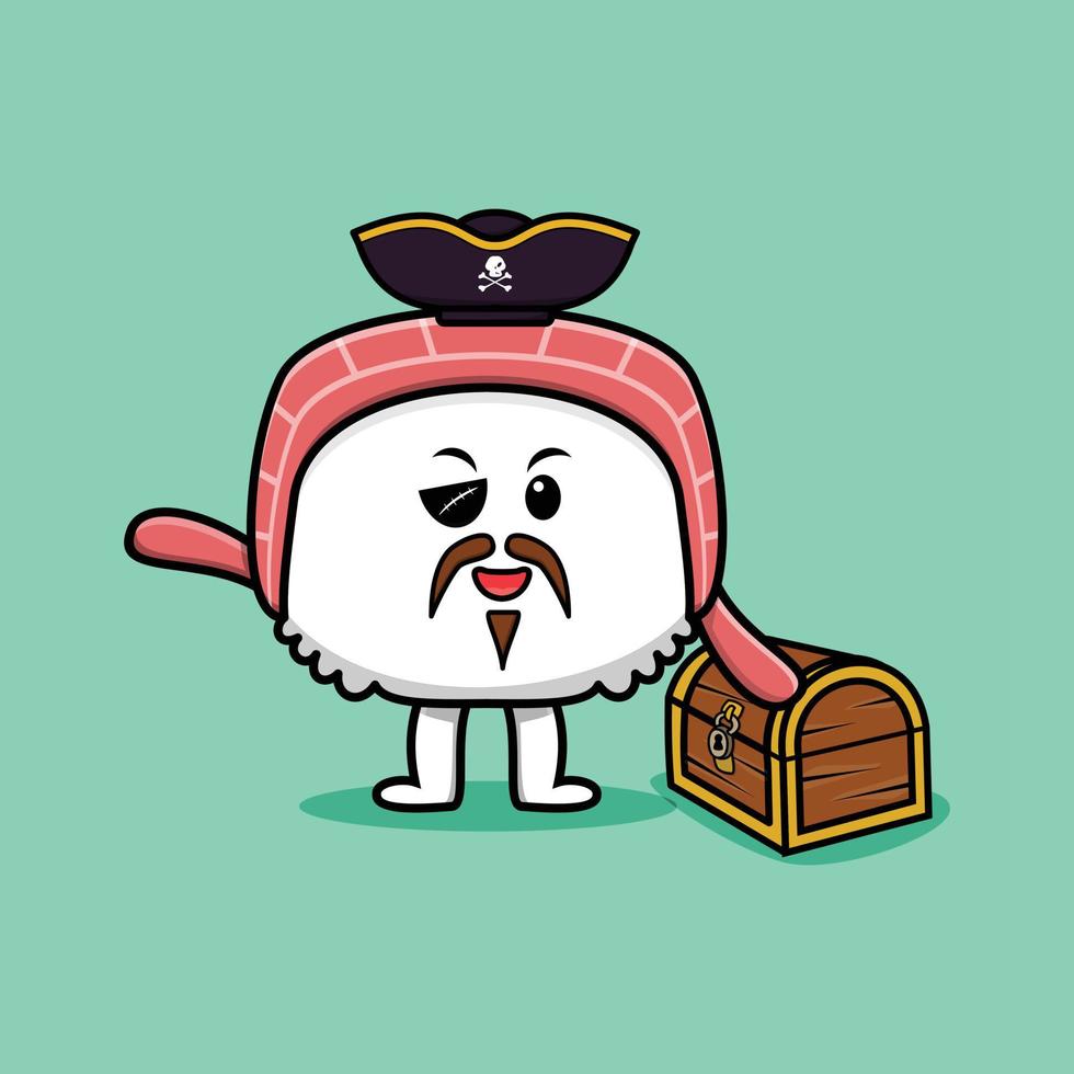 Pirata de sushi de dibujos animados lindo con caja del tesoro vector