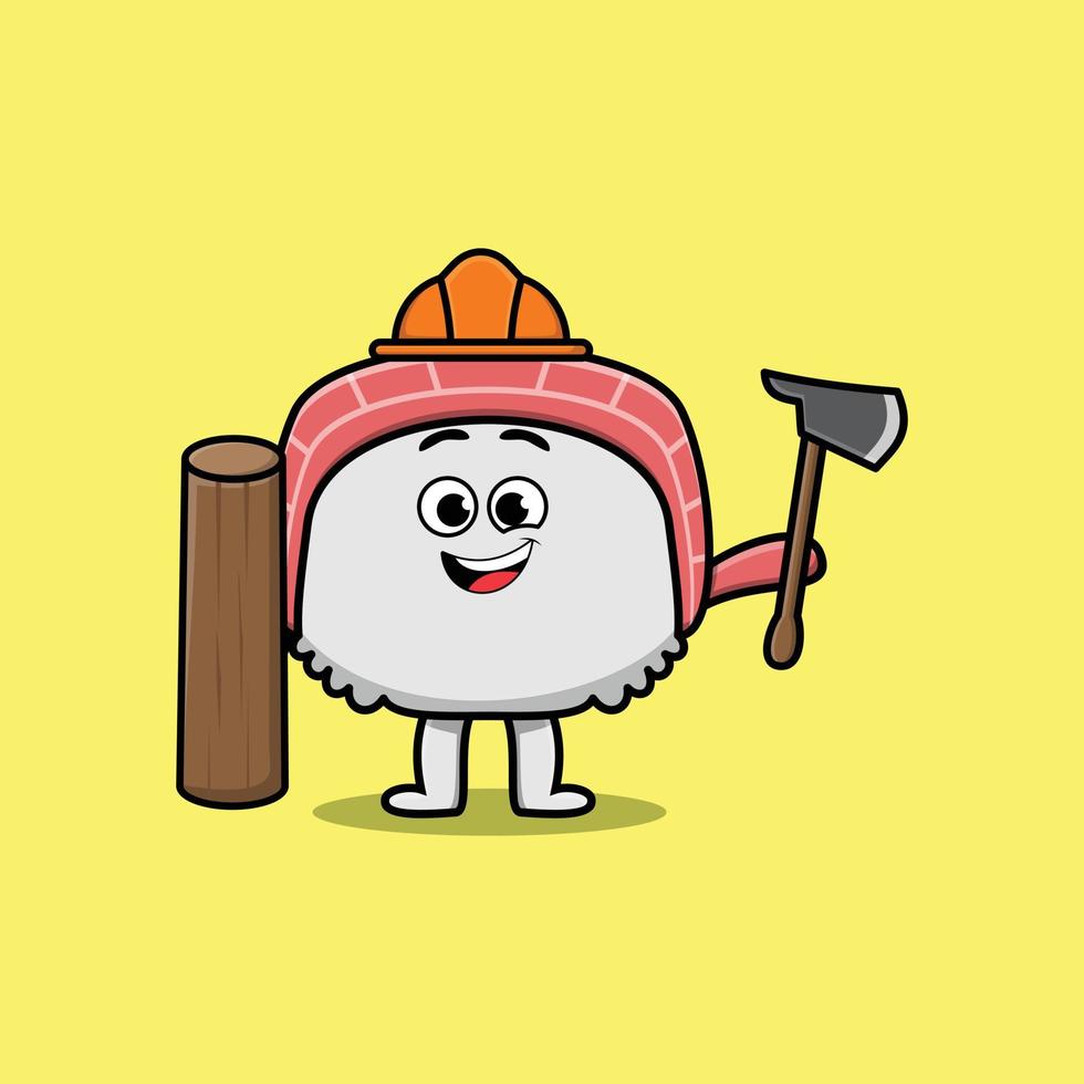 Cute cartoon sushi as carpenter with ax and wood vector