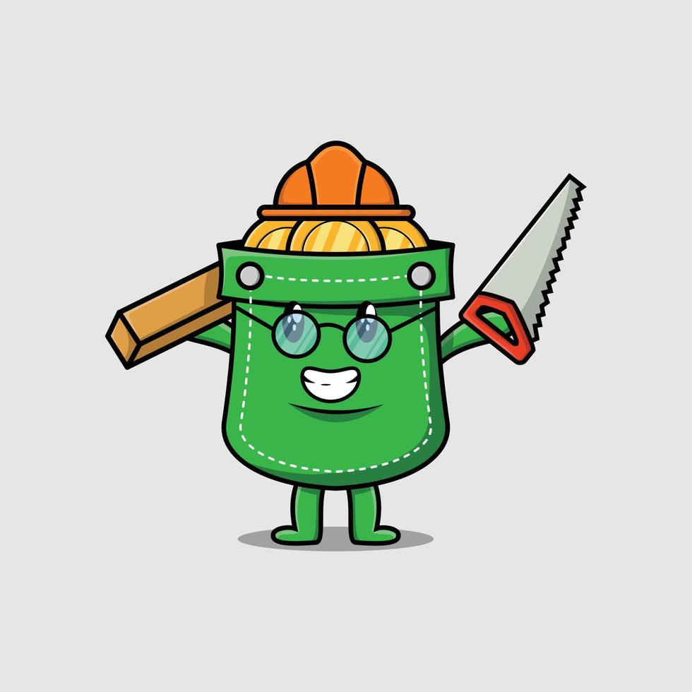 Cute cartoon pocket as carpenter with saw and wood vector