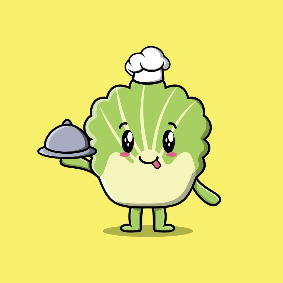 Cartoon chef chinese cabbage serving food on tray vector