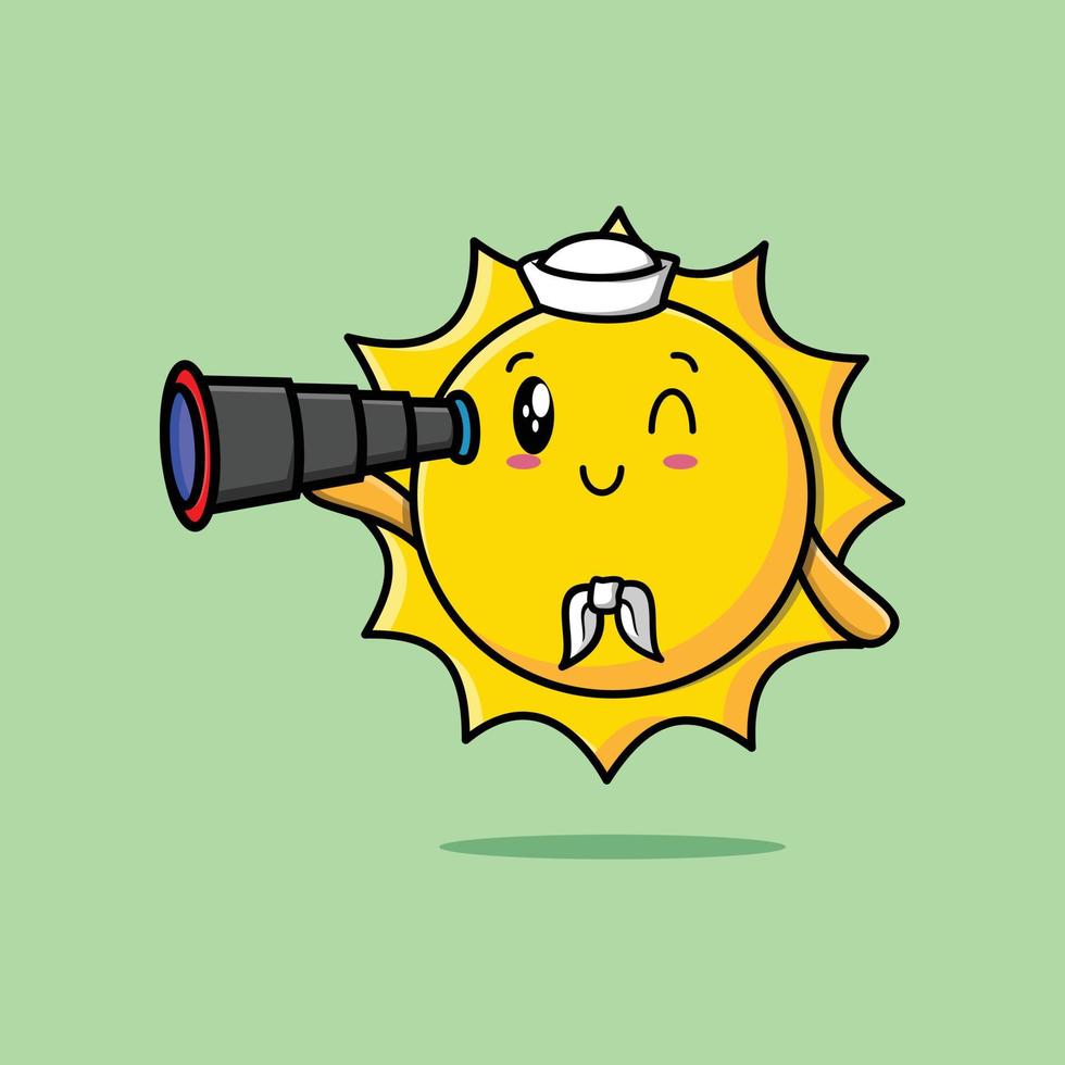 lindo marinero sol de dibujos animados con sombrero y binocular vector