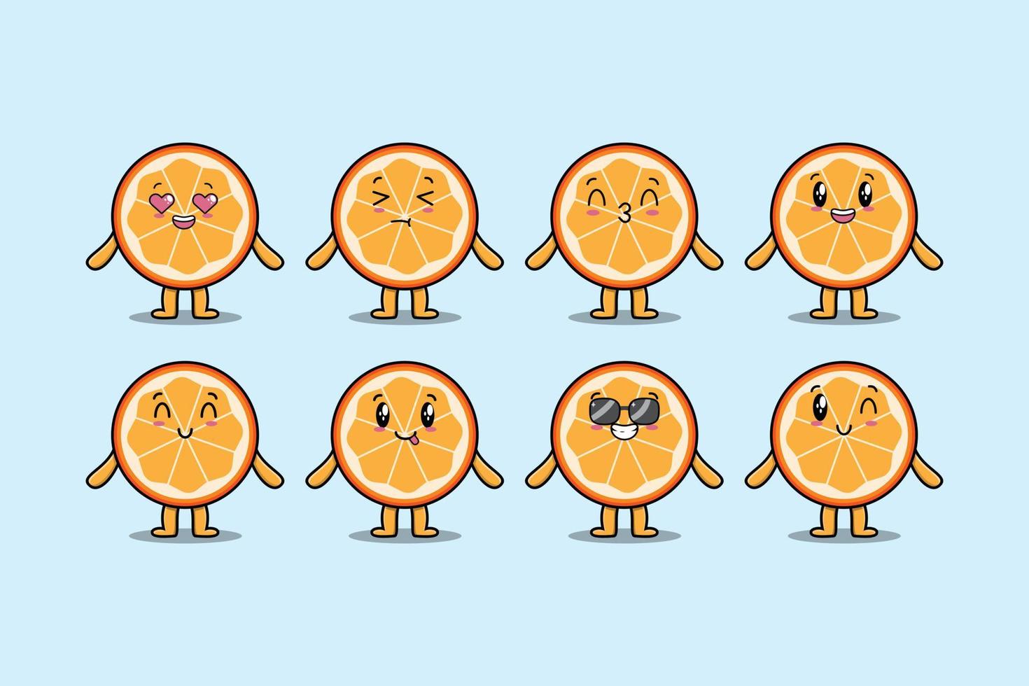 Establecer dibujos animados de fruta naranja kawaii con expresiones vector