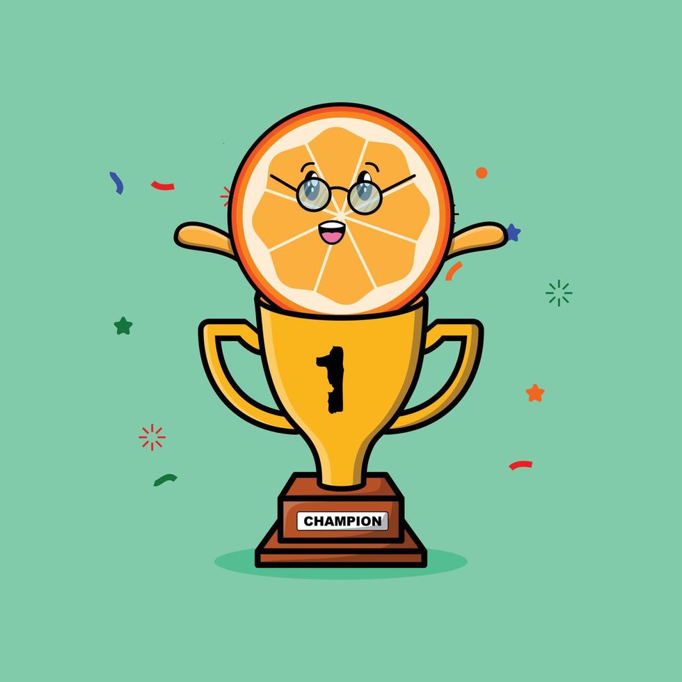 Cute cartoon orange fruit as the winner with happy expression in 3d modern style design vector