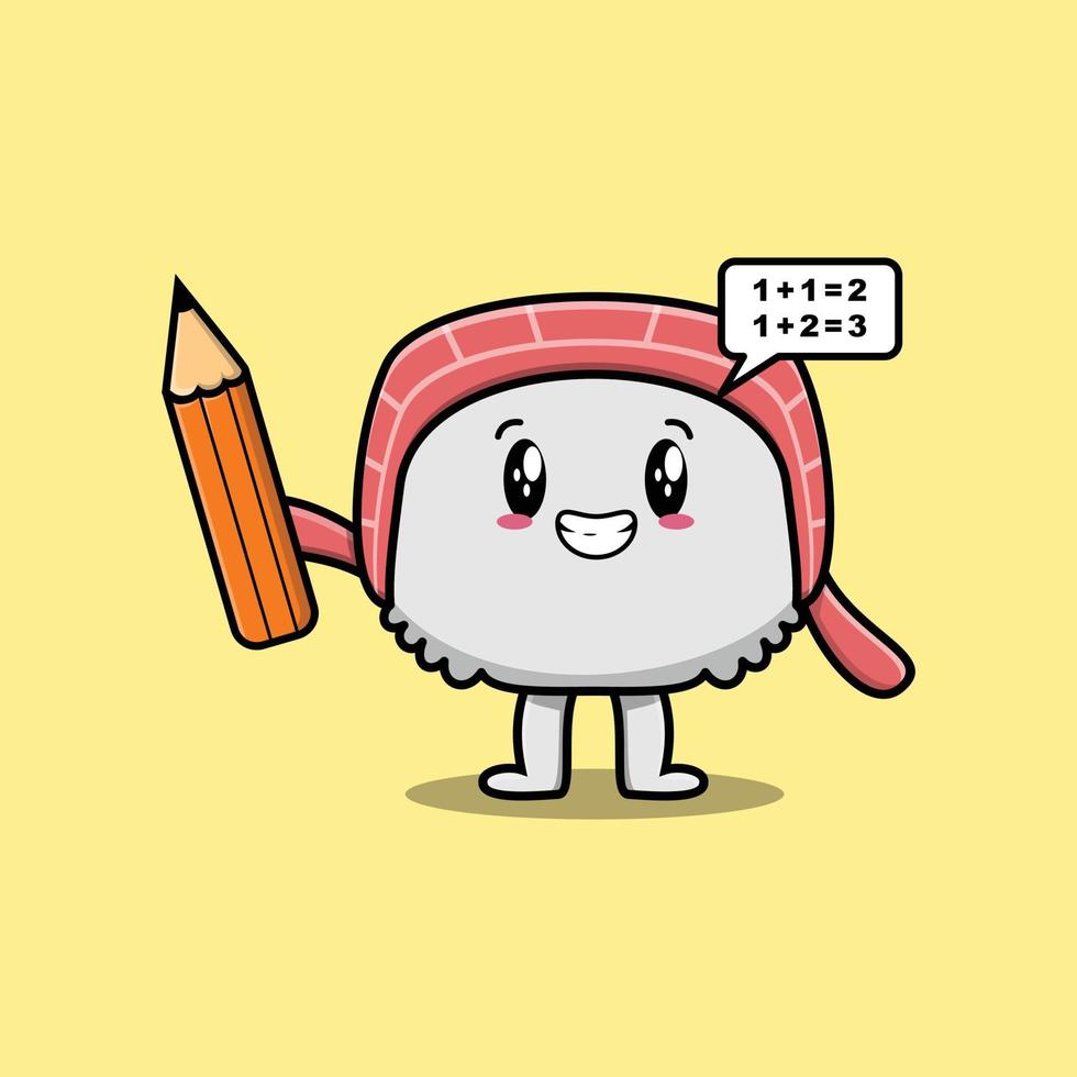 estudiante inteligente de dibujos animados lindo de sushi con lápiz vector