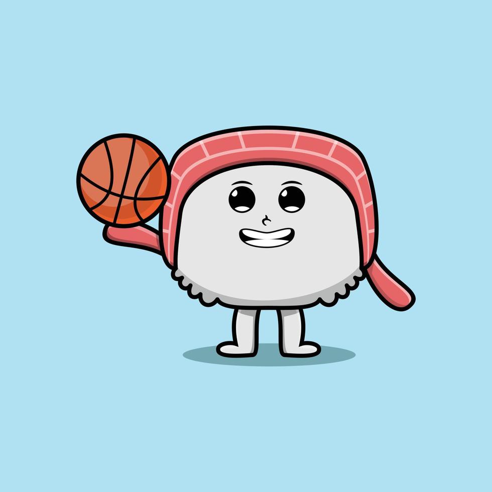Cute cartoon sushi character playing basketball vector