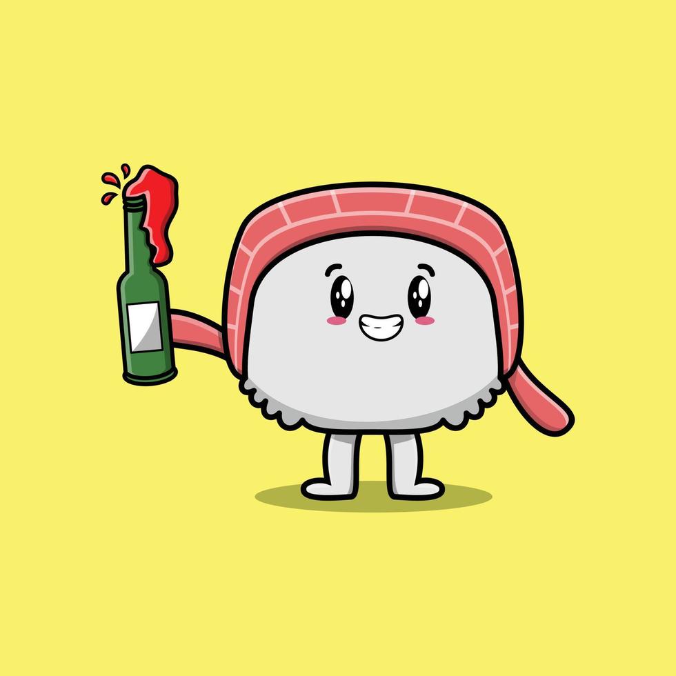 lindo personaje de dibujos animados sushi con botella de refresco vector