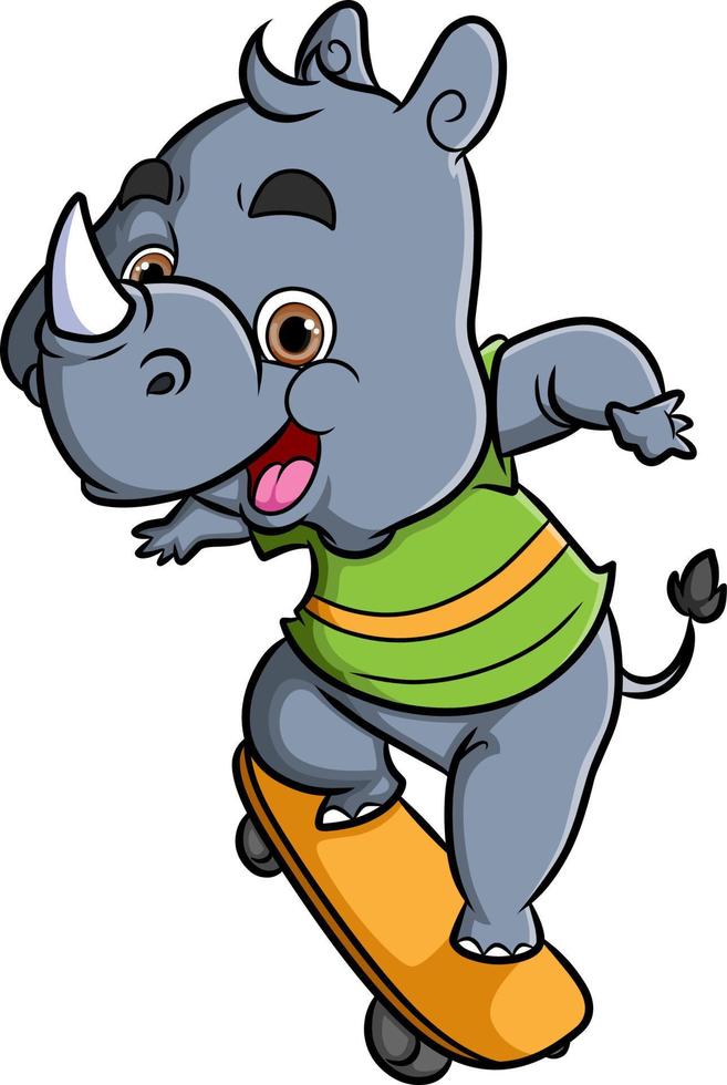 The cool rhinoceros is playing skateboard with happy expression vector